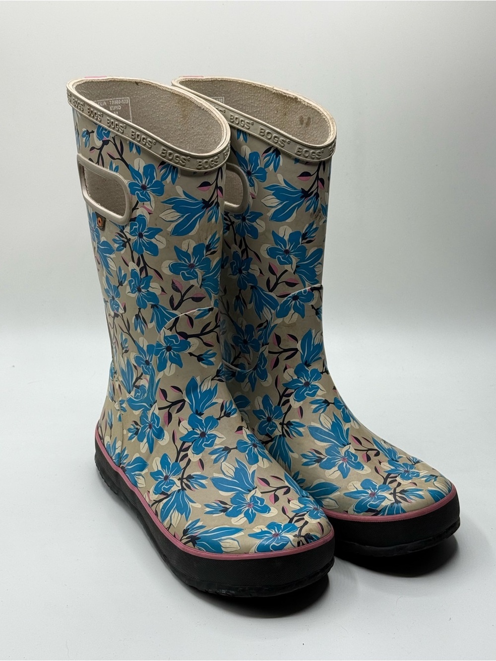 Bogs Beige Rain Boots with Blue Floral Print